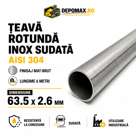 Teava rotunda inox sudata AISI 304, 63.5 x 2.6 mm, 6 metri